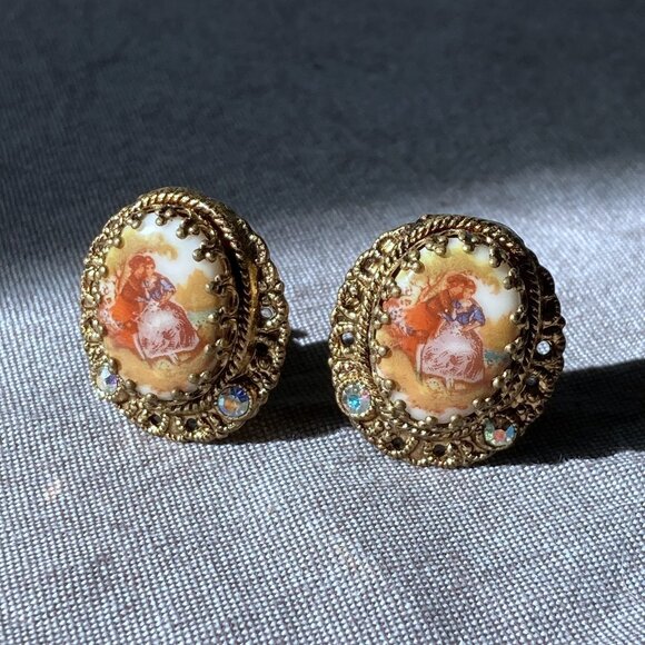 Vintage W. Germany, Gold-Toned, AB Crystals, Clip-On Earrings, Aurora Borealis - Picture 2 of 8